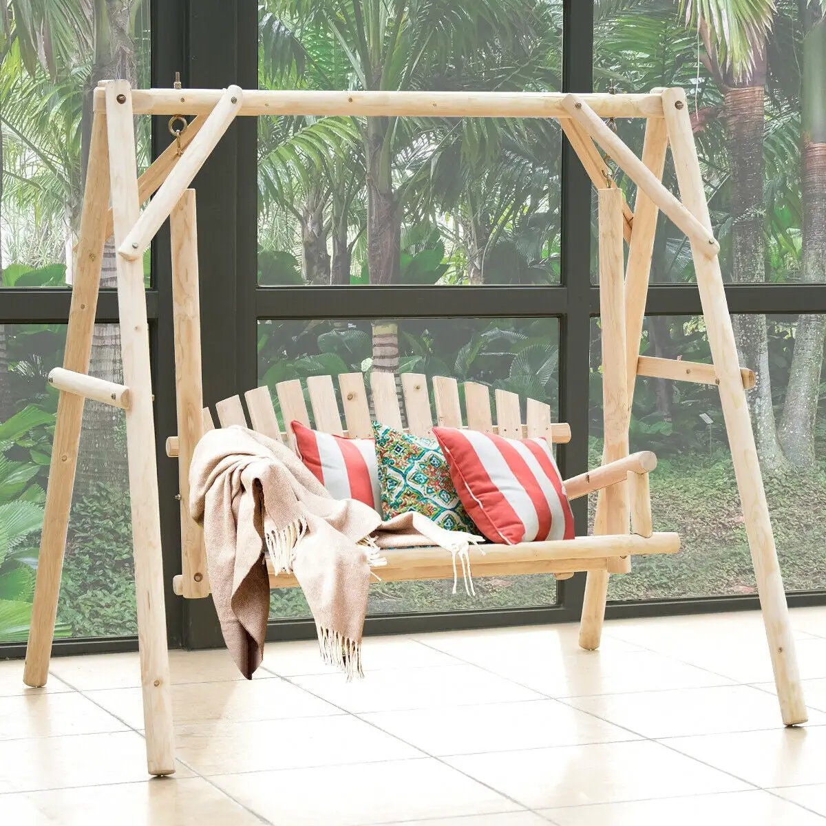 Outdoor Wooden Porch Bench Swing Chair with Rustic Curved Back by DirectDeals