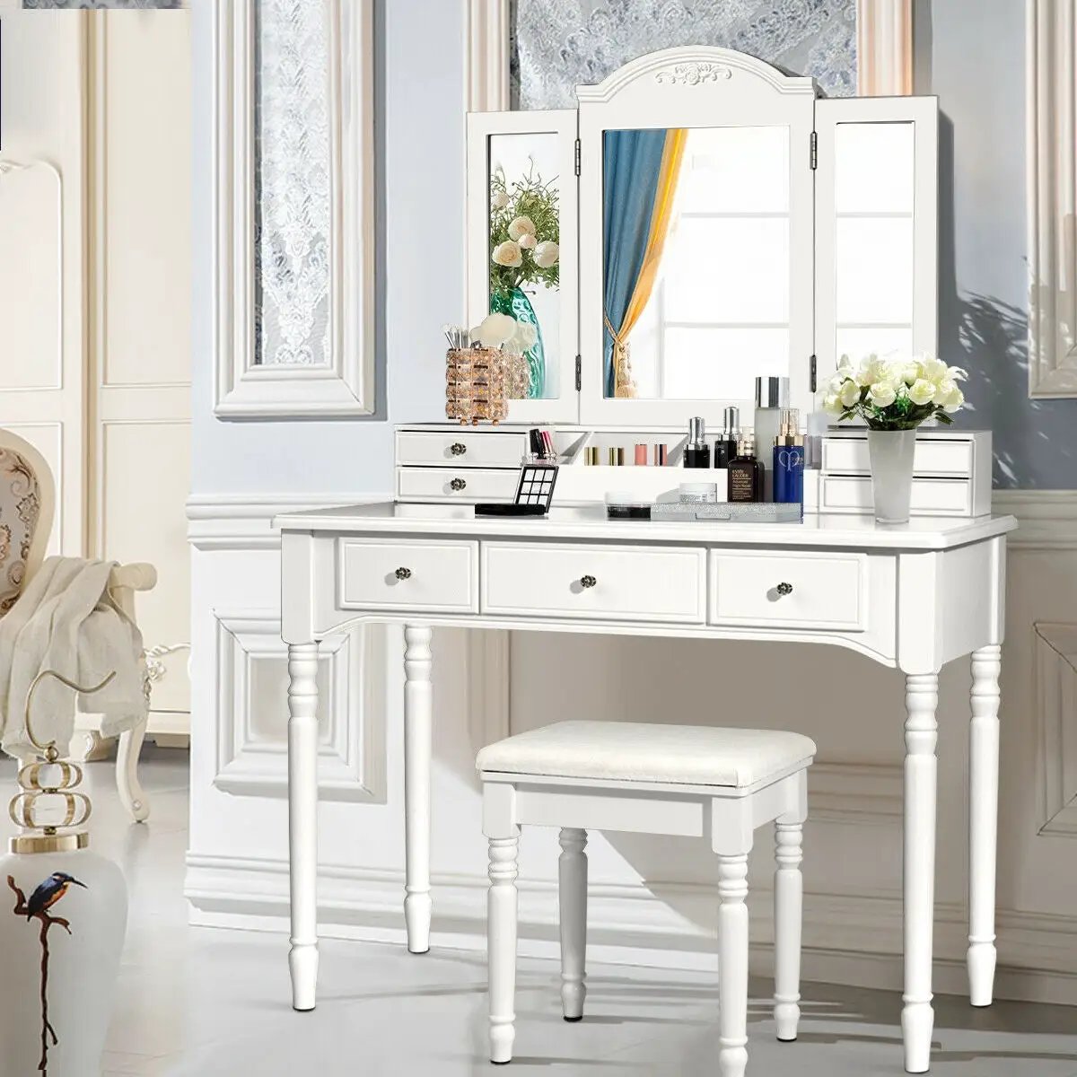 Makeup Dressing Table with Tri-Folding Mirror and Cushioned Stool for Women, photo 6 of 9