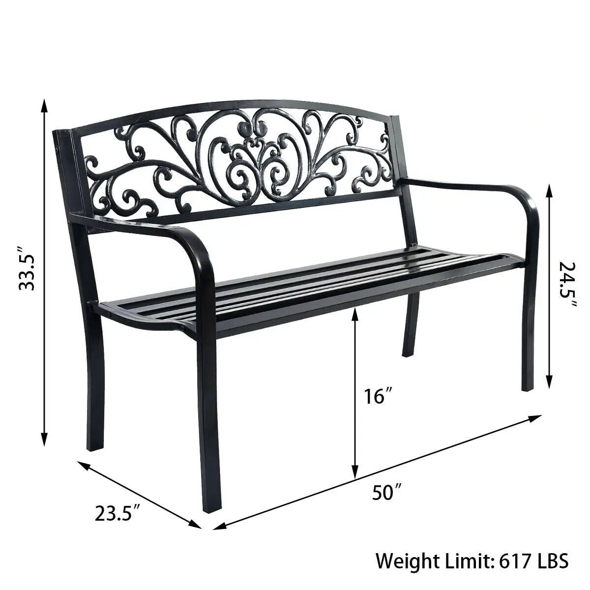 50 Inch Patio Park Steel Frame Cast Iron Backrest Bench Porch Chair by DirectDeals