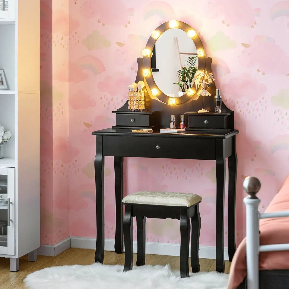 3 Drawers Lighted Mirror Vanity Dressing Table Stool Set by DirectDeals