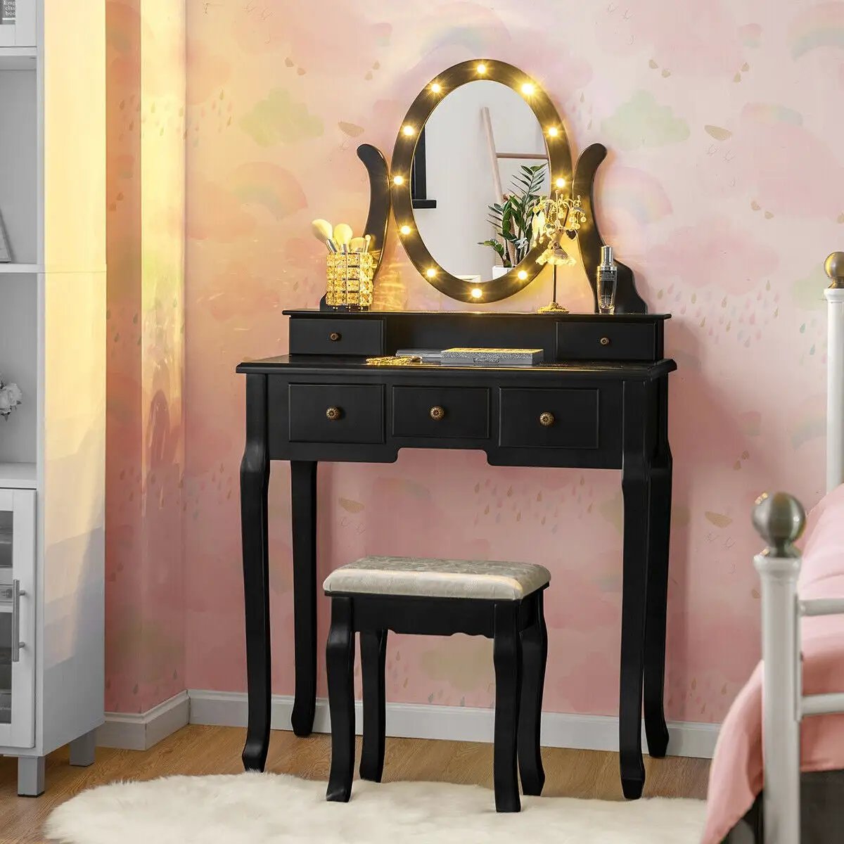 5 Drawers Vanity Table Stool Set with 12-LED Bulbs by DirectDeals