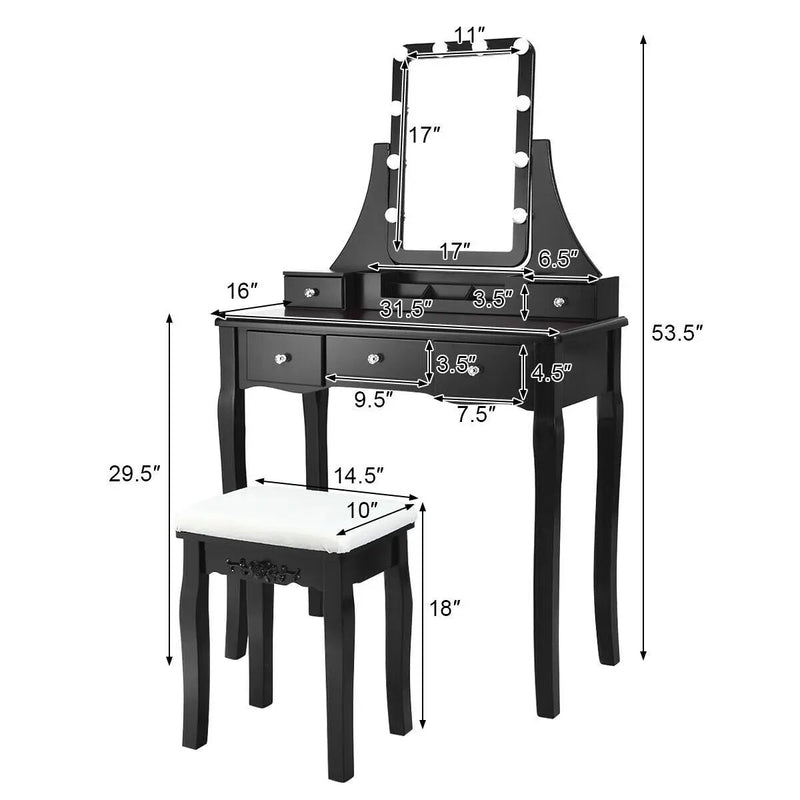 10 Dimmable Light Bulbs Vanity Dressing Table with 2 Dividers and Cushioned Stool by DirectDeals