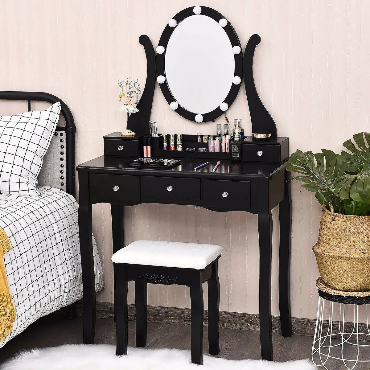 10 Dimmable Lights Vanity Table Set with Lighted Mirror and Cushioned Stool, photo 6 of 10