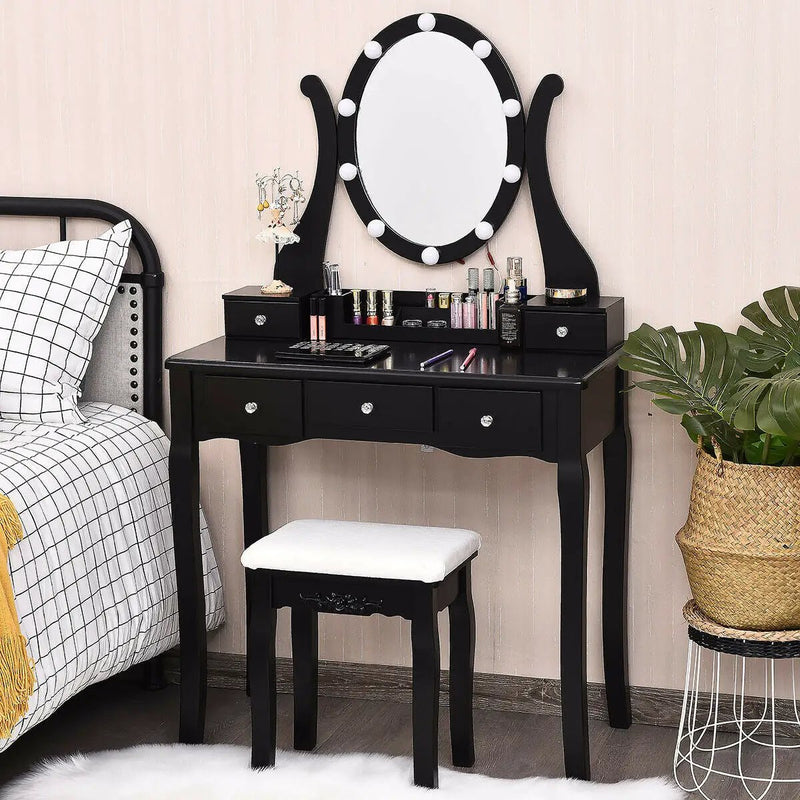10 Dimmable Lights Vanity Table Set with Lighted Mirror and Cushioned Stool by DirectDeals