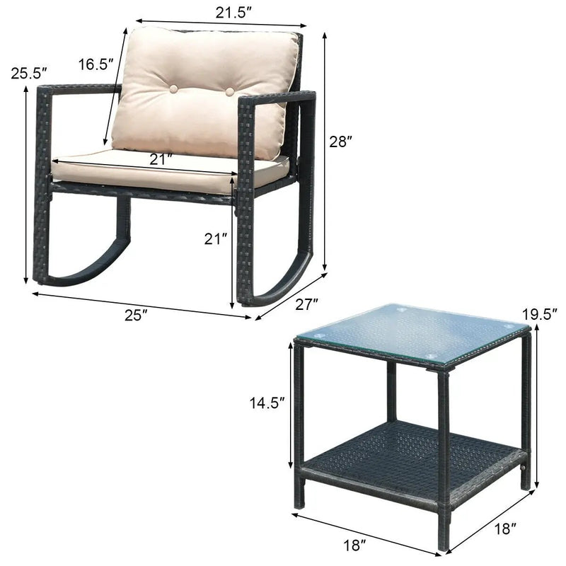 3 Pieces Cushioned Patio Rattan Set with Rocking Chair and Table-Black by DirectDeals