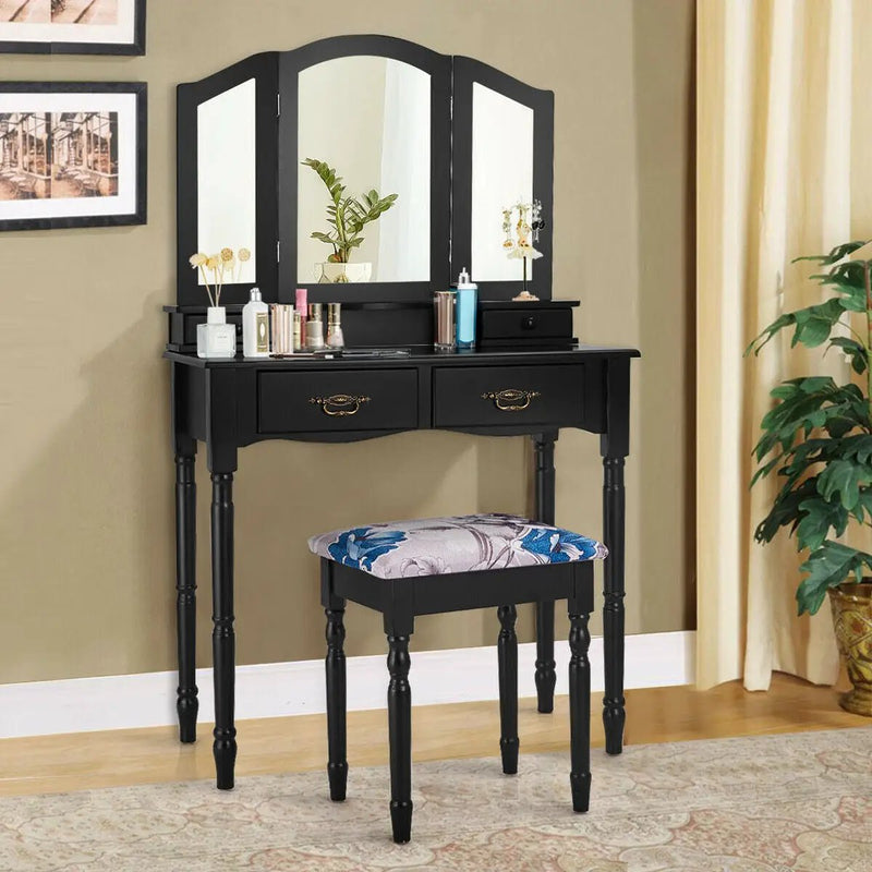 Simple Vanity Set with Tri-Folding Mirror Drawers and Storage Shelf by DirectDeals