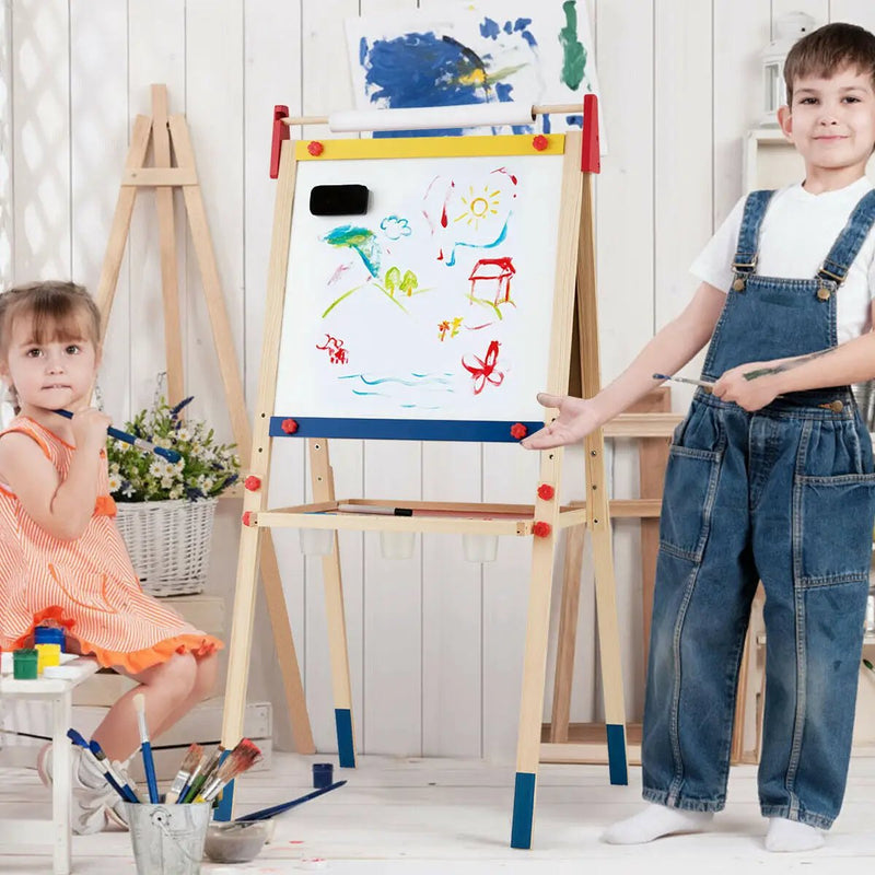 All-in-One Wooden Height Adjustable Kid's Art Easel with Magnetic Stickers and Paper by DirectDeals