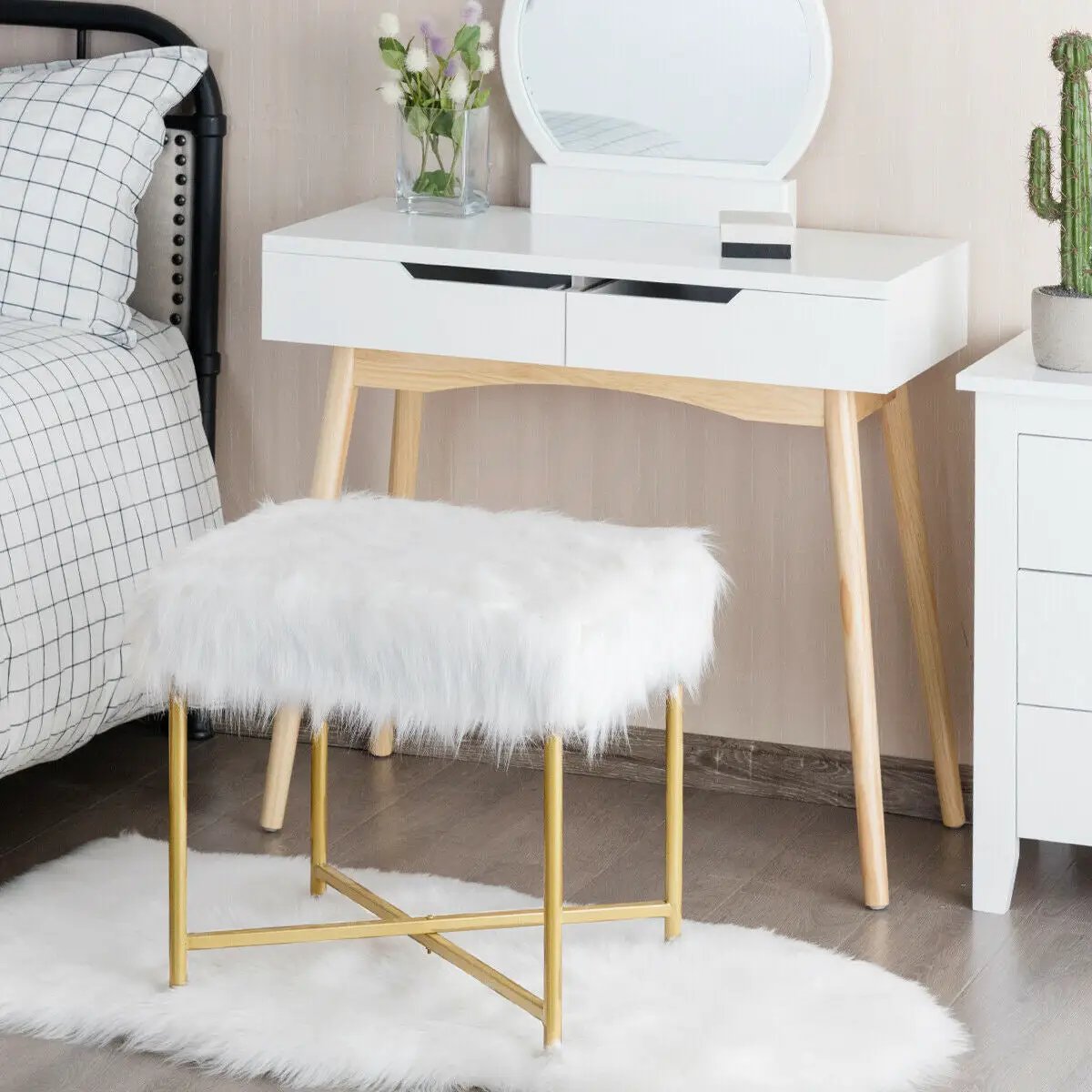 Faux Fur Ottoman Decorative Stool with Metal Legs by DirectDeals