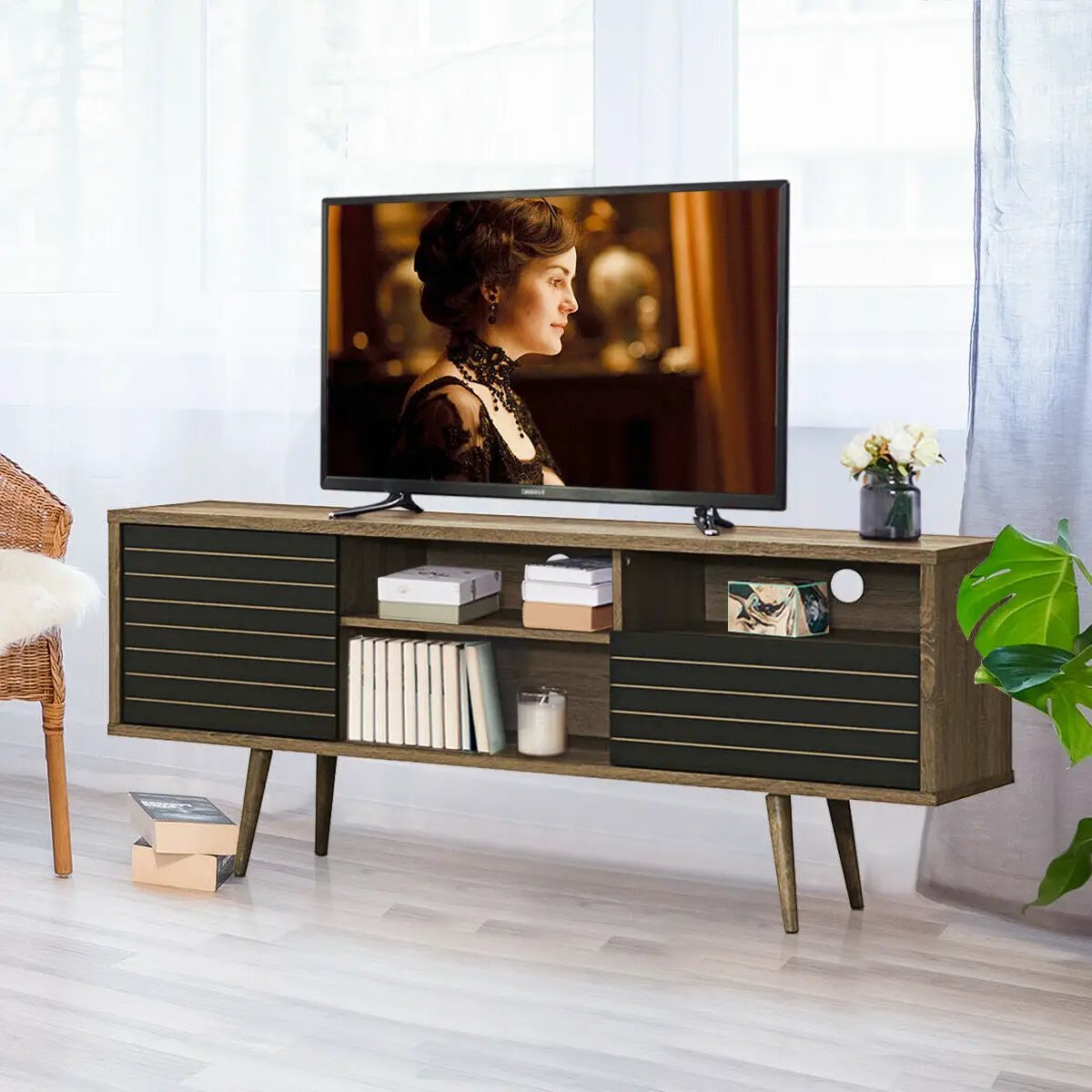 Mid-Century Modern TV Stand for TVs up to 65 Inch with Storage Shelves by DirectDeals