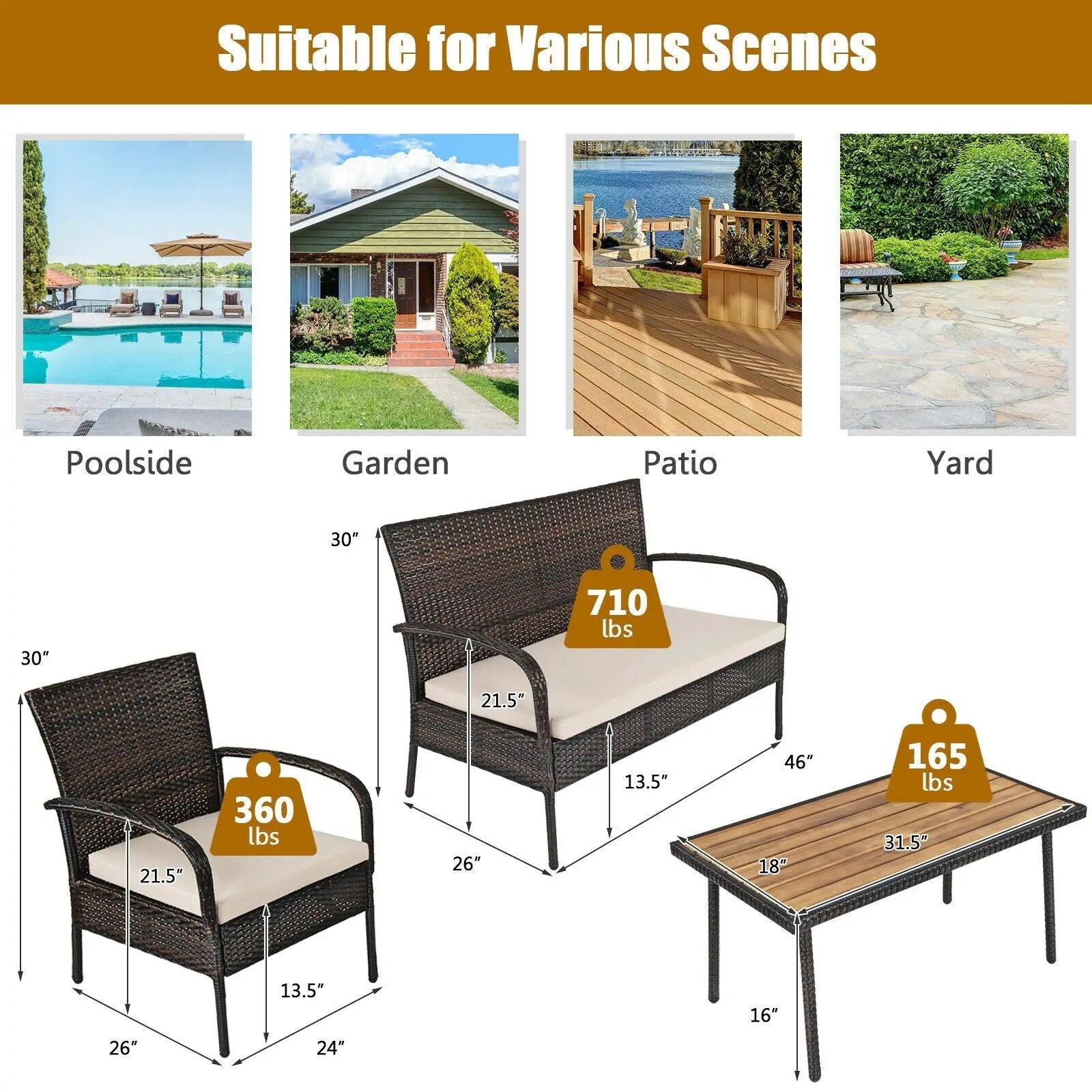 4 Pieces Patio Cushioned Wicker Conversation Set with Acacia Wood Tabletop by DirectDeals