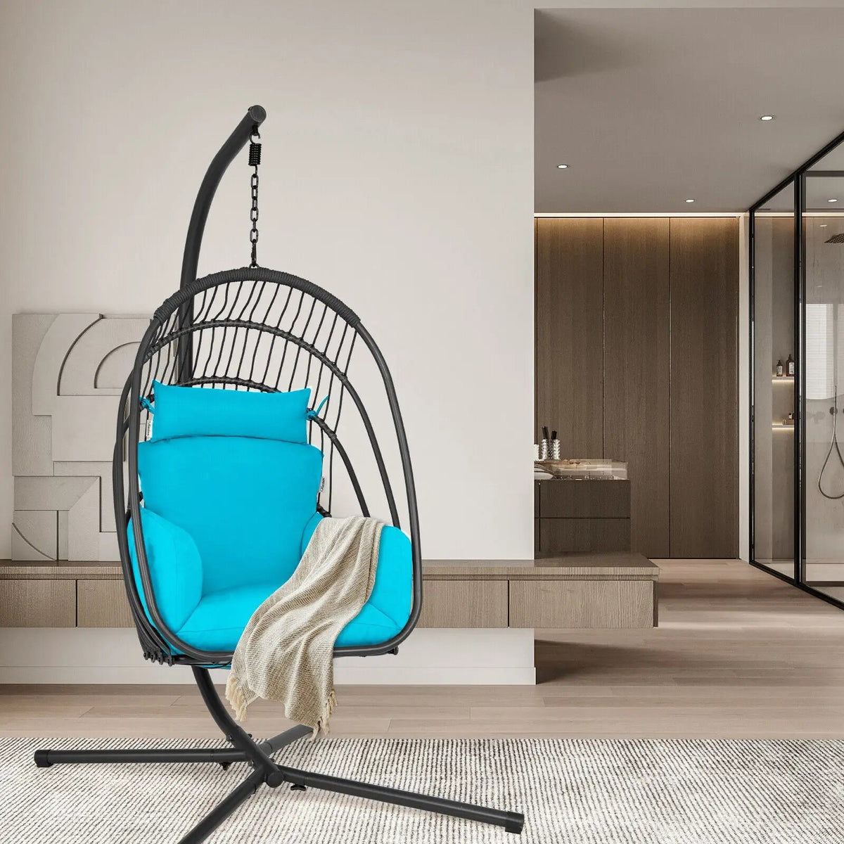 Hanging Folding Egg Chair with Stand Soft Cushion Pillow Swing Hammock, photo 3 of 24