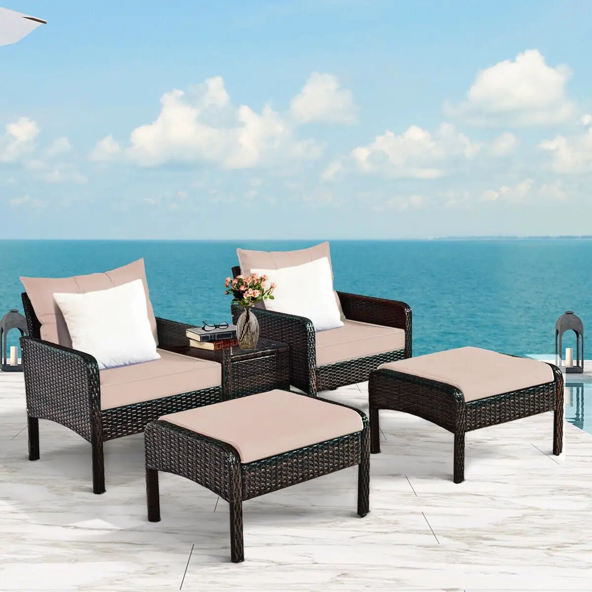 5 Pieces Patio Rattan Sofa Ottoman Furniture Set with Cushions-Black by DirectDeals