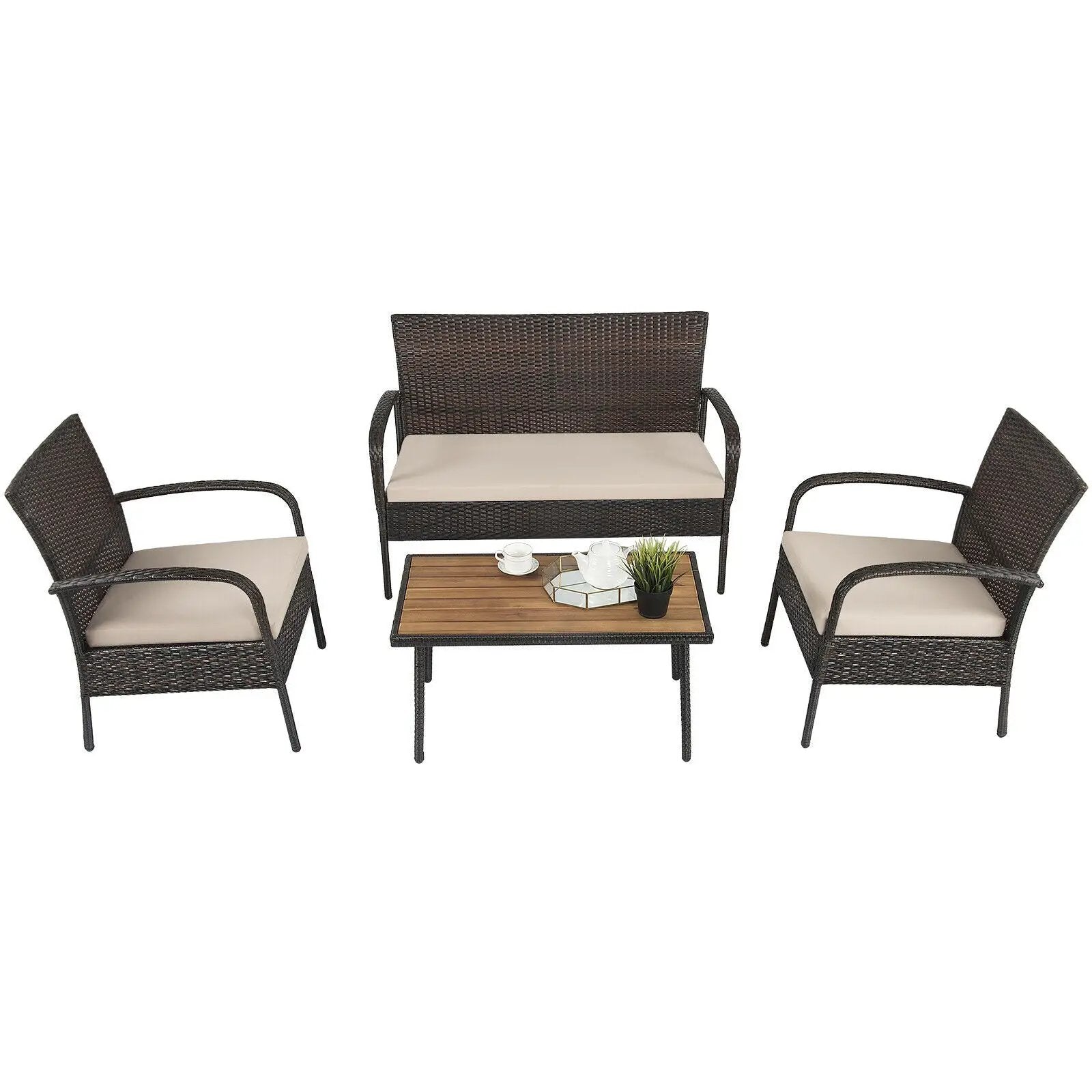 4 Pieces Patio Cushioned Wicker Conversation Set with Acacia Wood Tabletop by DirectDeals