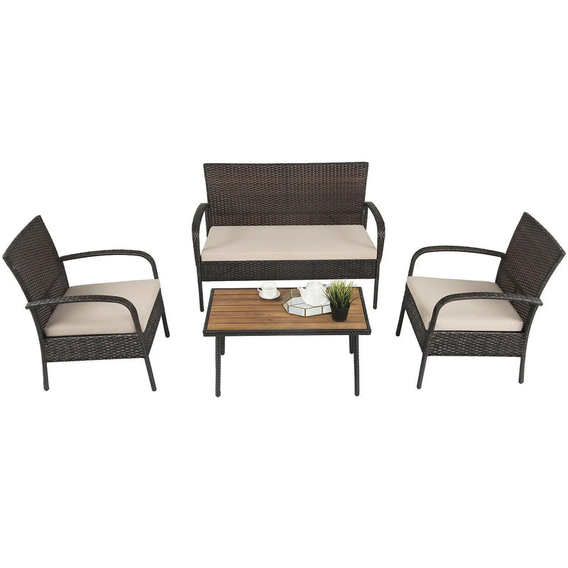4 Pieces Patio Cushioned Wicker Conversation Set with Acacia Wood Tabletop by DirectDeals