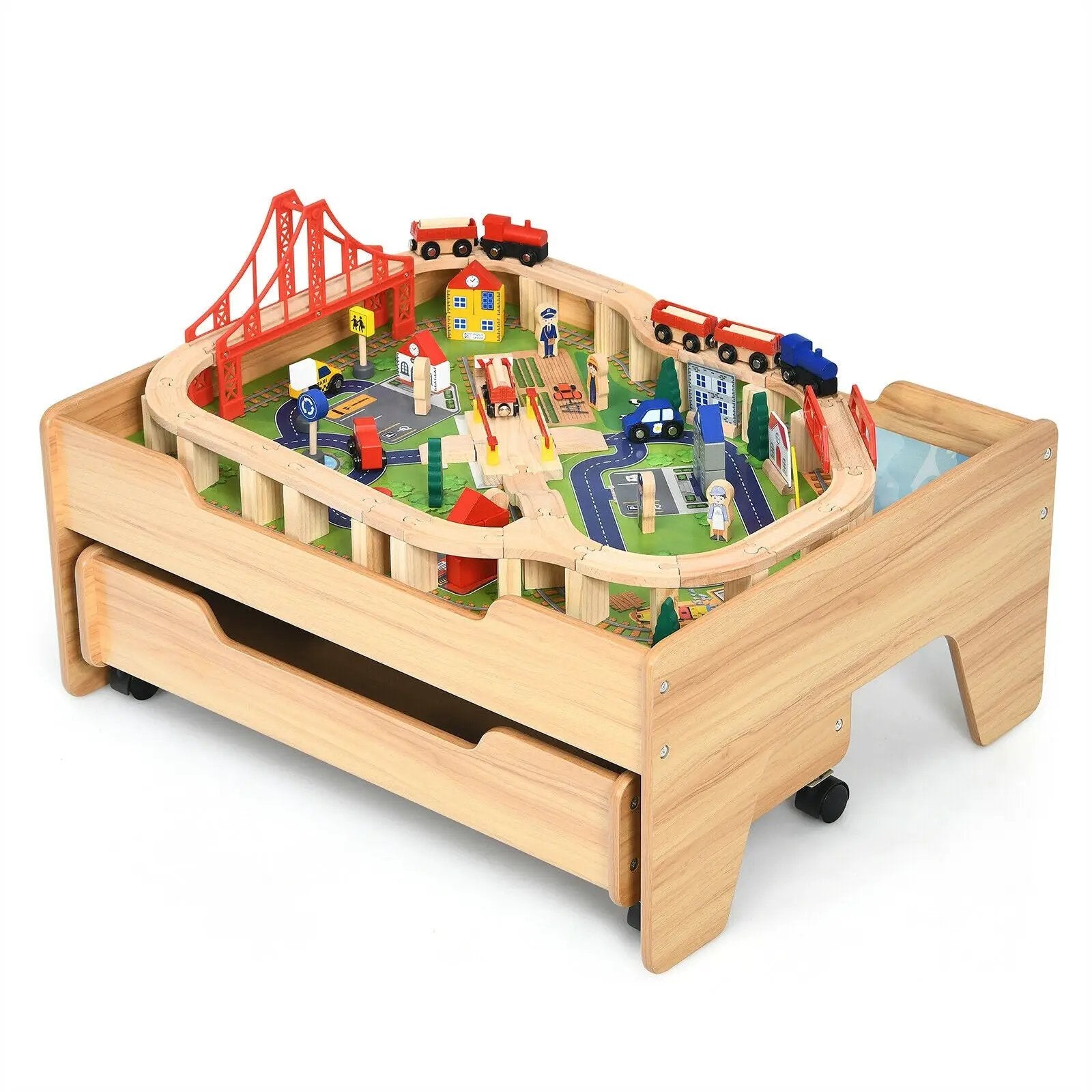 Children's Wooden Railway Set Table with 100 Pieces Storage Drawers by DirectDeals