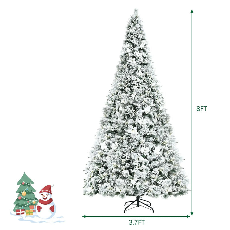 8 Feet Snow Flocked Hinged Christmas Tree with Berries and Poinsettia Flowers by DirectDeals