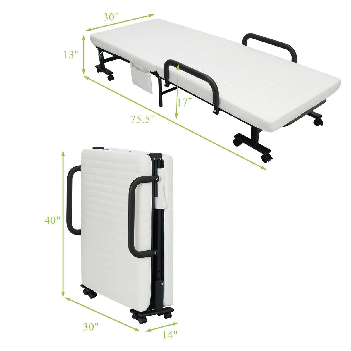 Adjustable Folding Guest Bed Frame with Mattress and Wheels, photo 2 of 24