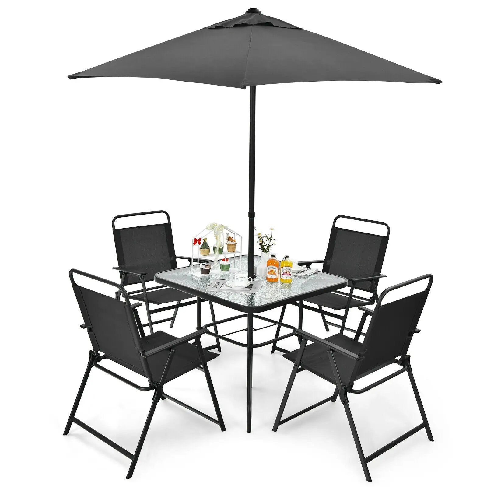 6 Pieces Patio Dining Set with Umbrella-Gray by DirectDeals