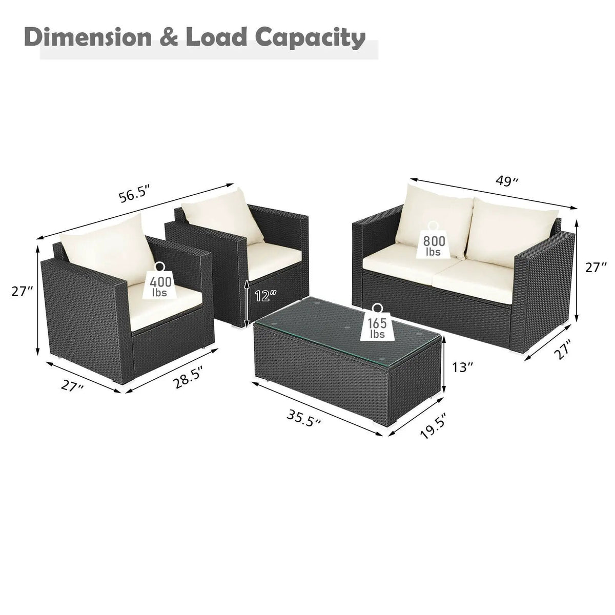 4 Pieces Patio Rattan Conversation Set with Cushions and Coffee Table-Black, photo 5 of 12