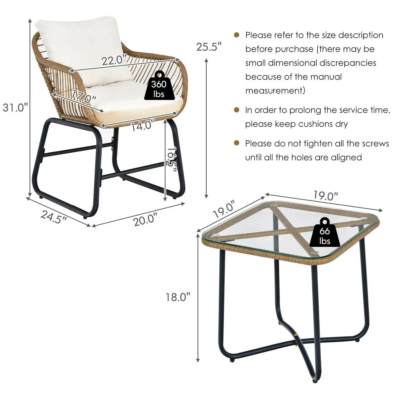 3-Piece Patio Bistro Set with 2 Rattan Chairs and Square Glass Coffee Table-White by DirectDeals