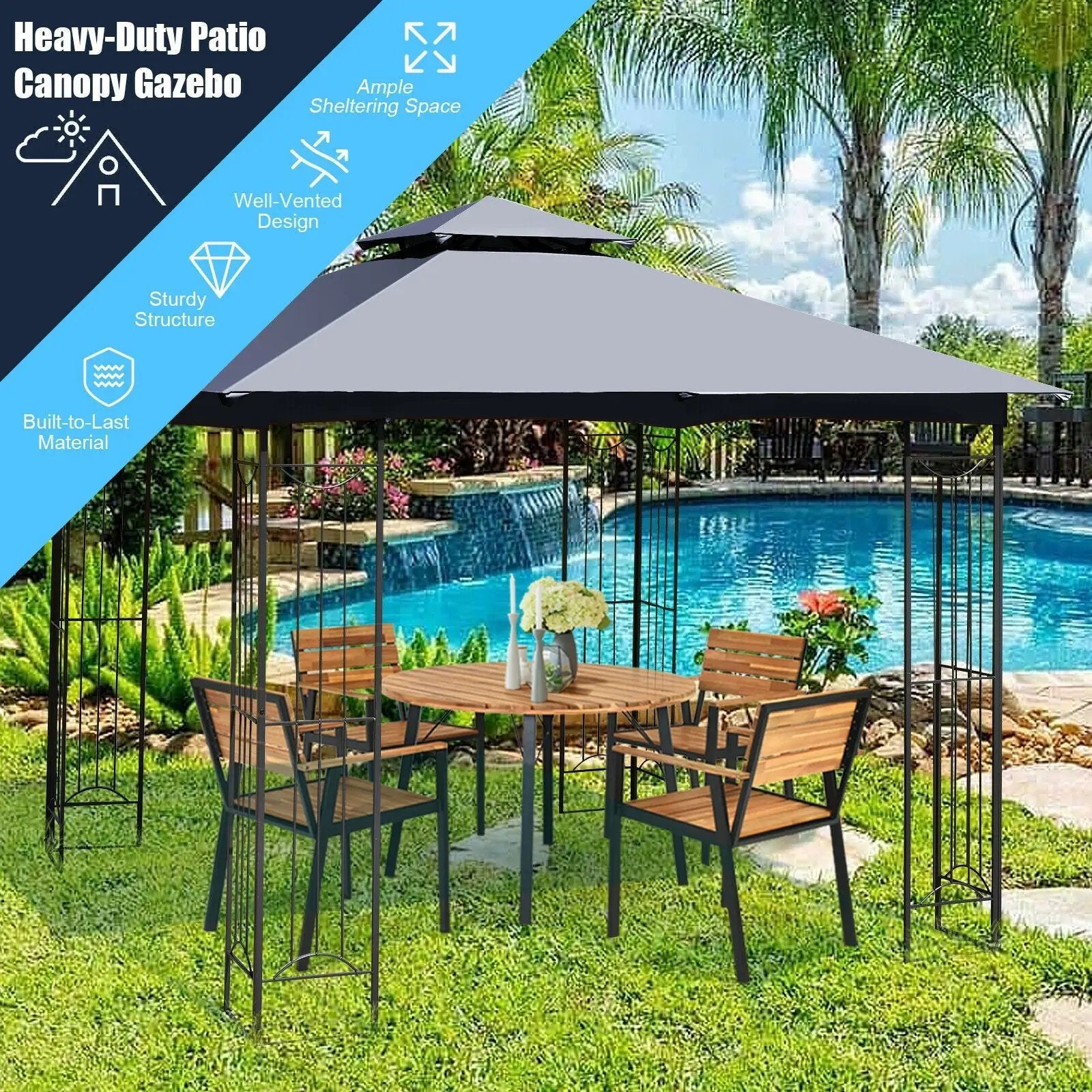 10 x 10 Feet L-Shaped Patio Canopy Gazebo Outdoor 2-Tier Steel Tent by DirectDeals