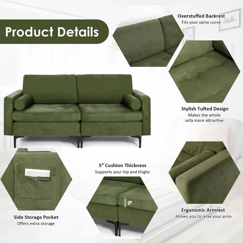 Modern Loveseat Sofa with 2 Bolsters and Side Storage Pocket by DirectDeals