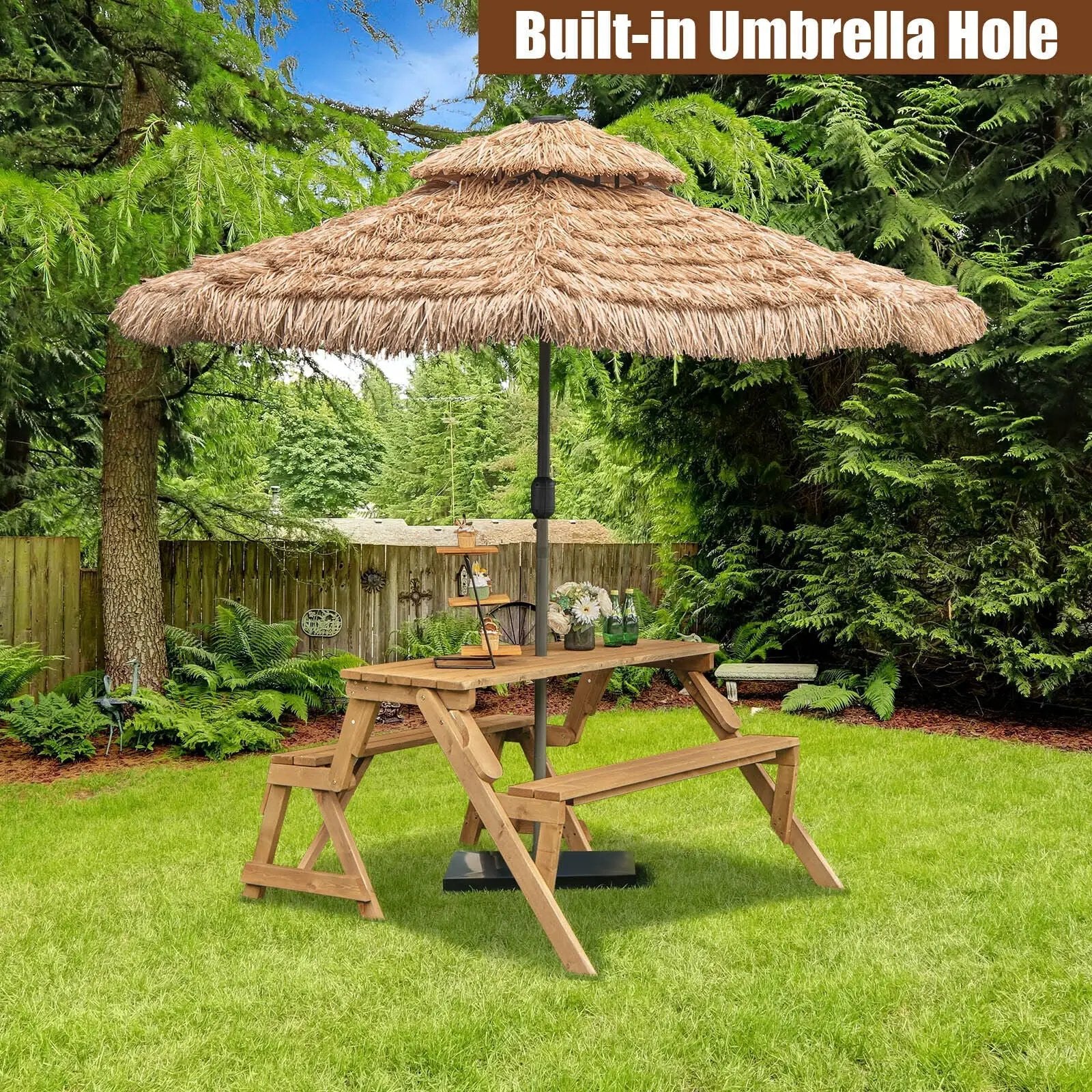 2-in-1 Transforming Interchangeable Wooden Picnic Table Bench with Umbrella Hole-Dark Brown by DirectDeals