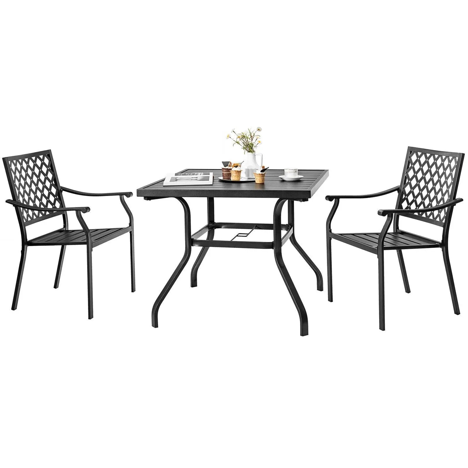 3 Pieces Patio Dining Set Stackable Chairs Armrest Table with Umbrella Hole by DirectDeals