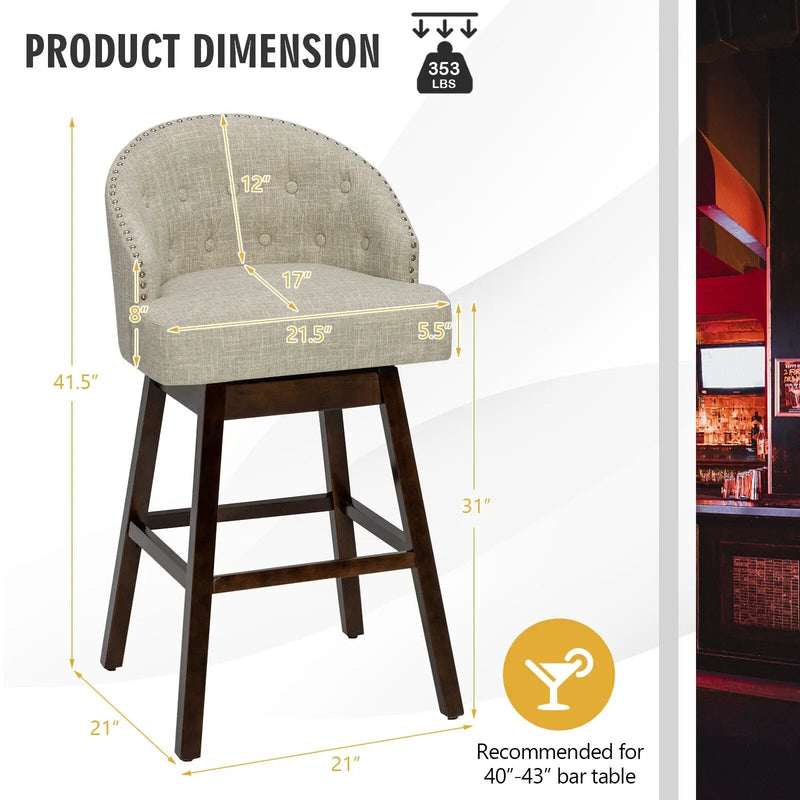 Set of 2 Swivel Bar Stools with Rubber Wood Legs and Padded Back by DirectDeals