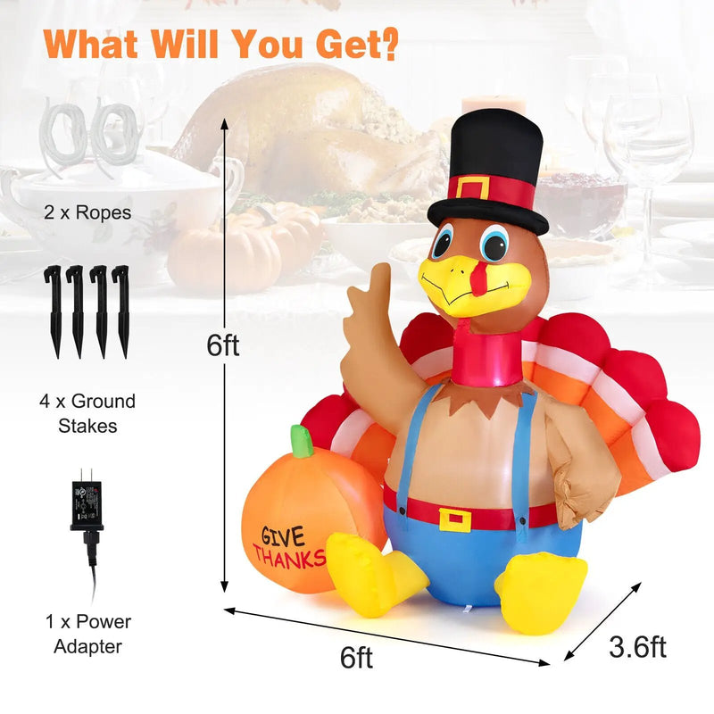 6 Feet Thanksgiving Inflatable Turkey with Pumpkin Fall Harvest Decor with Lights by DirectDeals