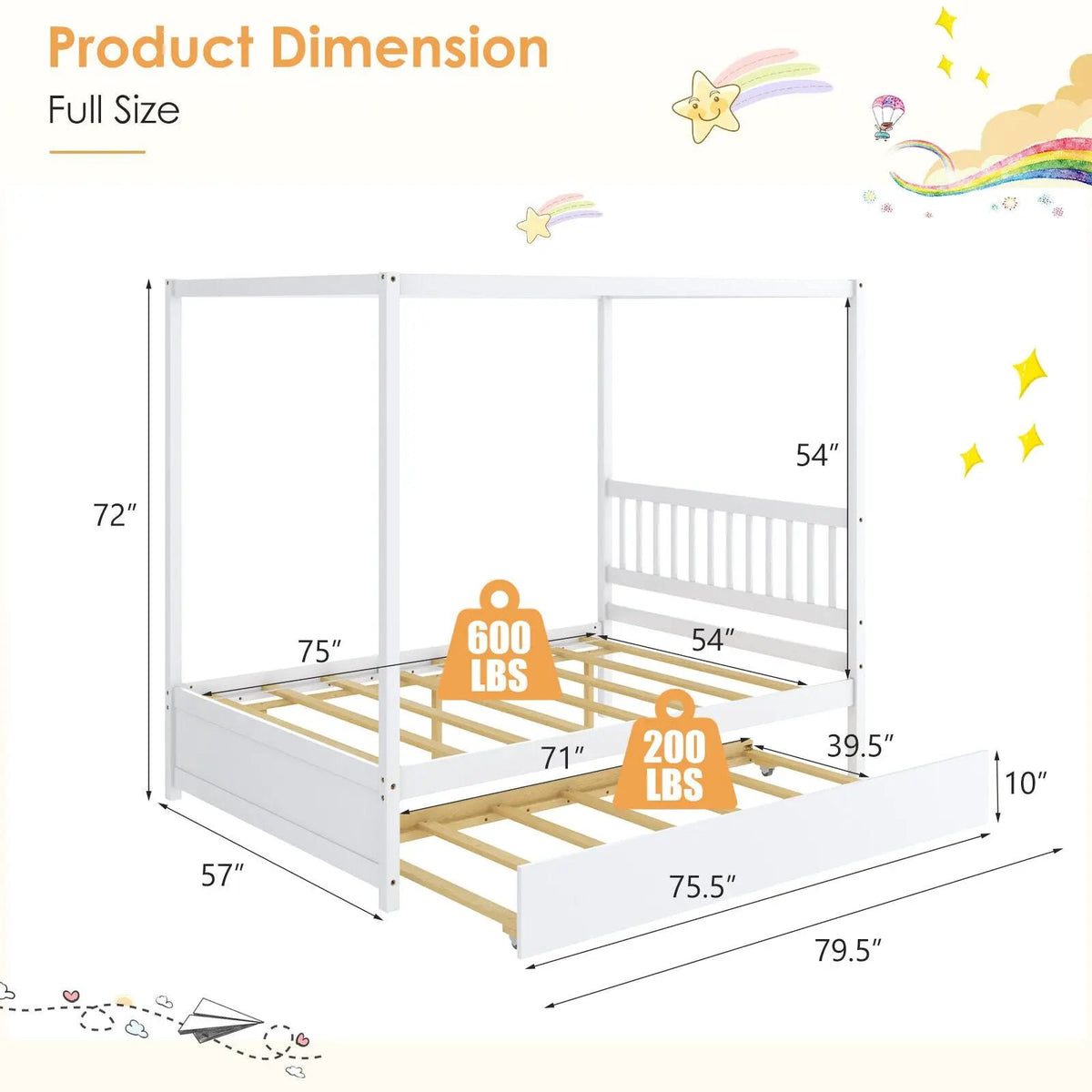 Full Size Canopy Bed with Trundle Wooden Platform Bed Frame Headboard, photo 6 of 9