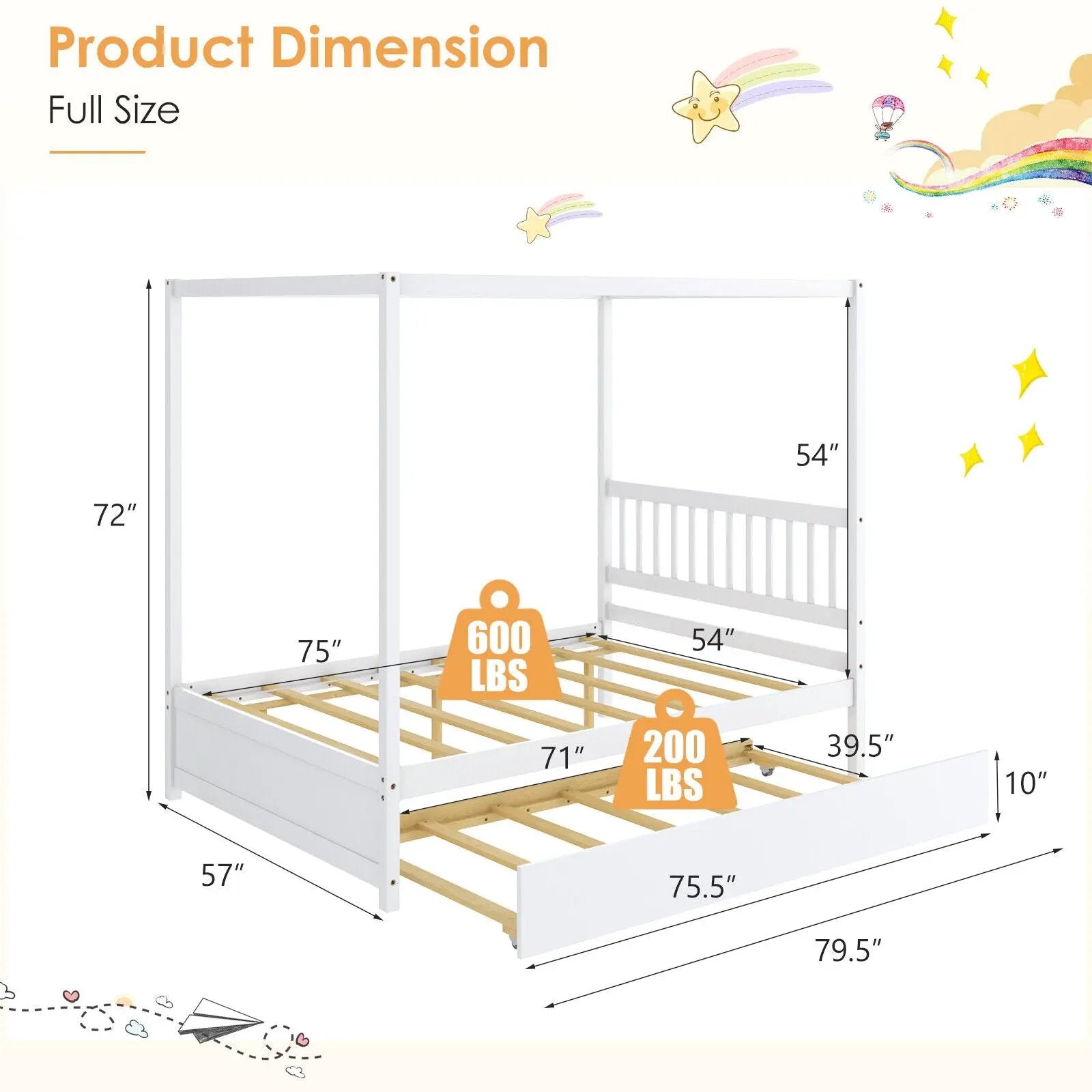 Full Size Canopy Bed with Trundle Wooden Platform Bed Frame Headboard by DirectDeals