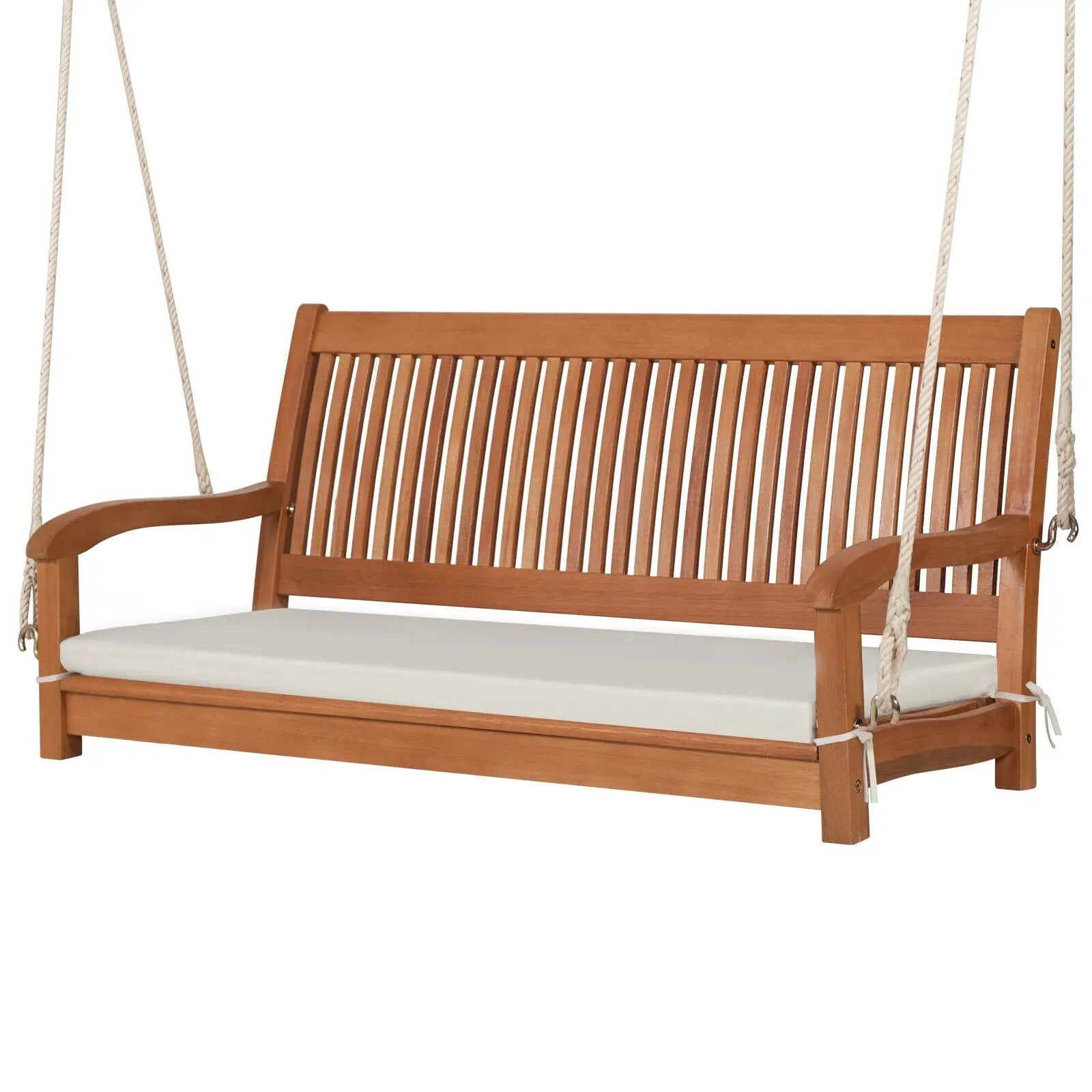 2-Person Hanging Porch Swing Wood Bench with Cushion Curved Back by DirectDeals