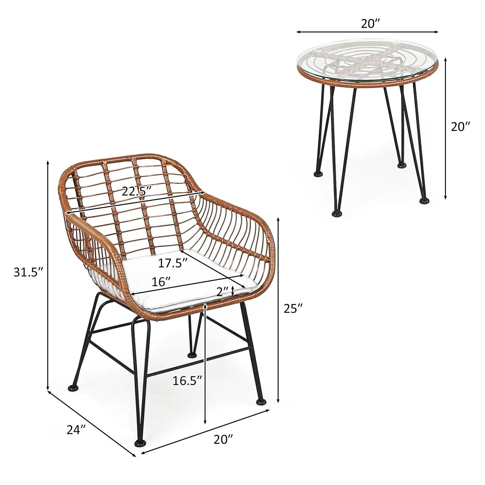 3-Piece Rattan Bistro Set with Cushions and Glass Table by DirectDeals