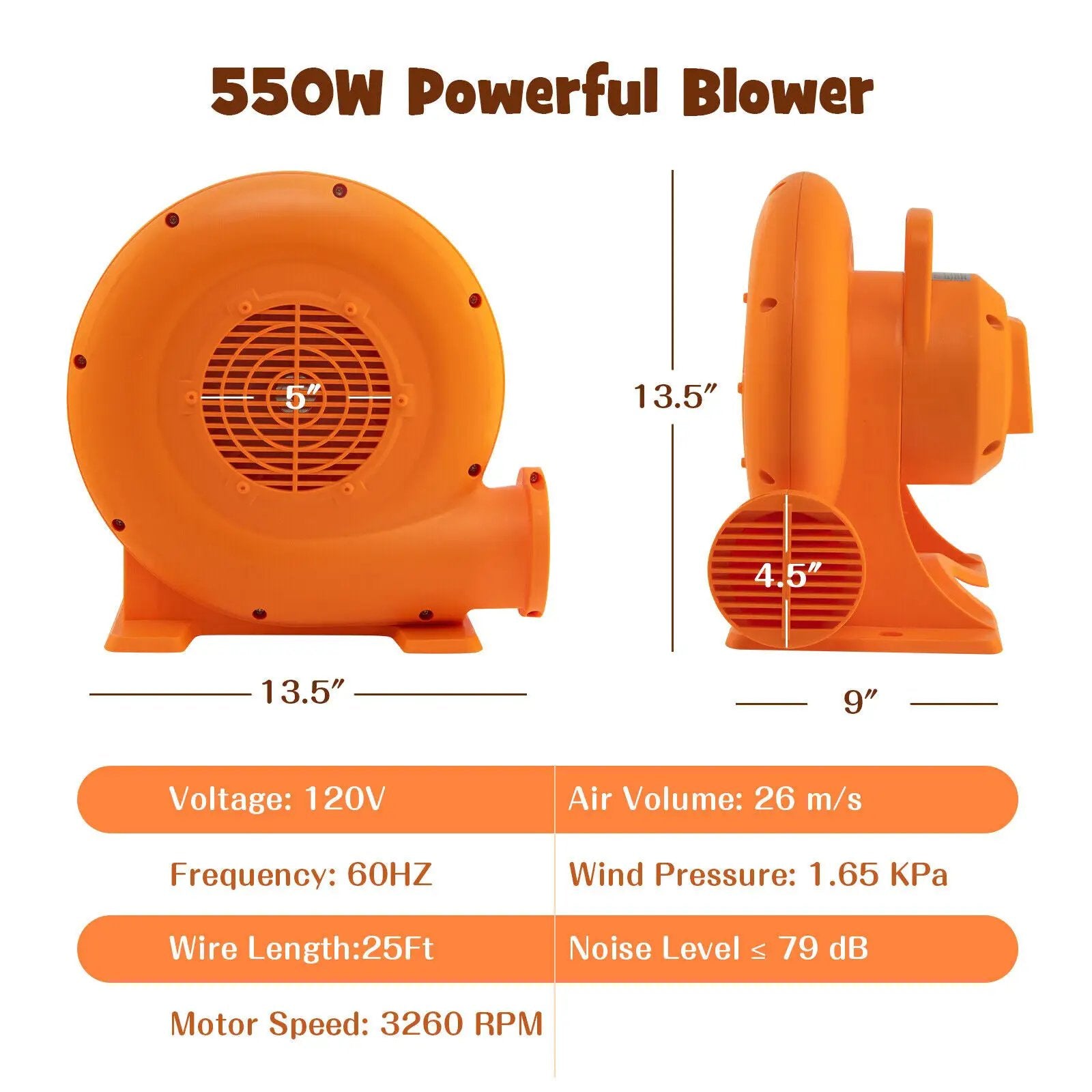 550W Air Blower (0.7HP) for Inflatables with 25 feet Wire and GFCI Plug by DirectDeals