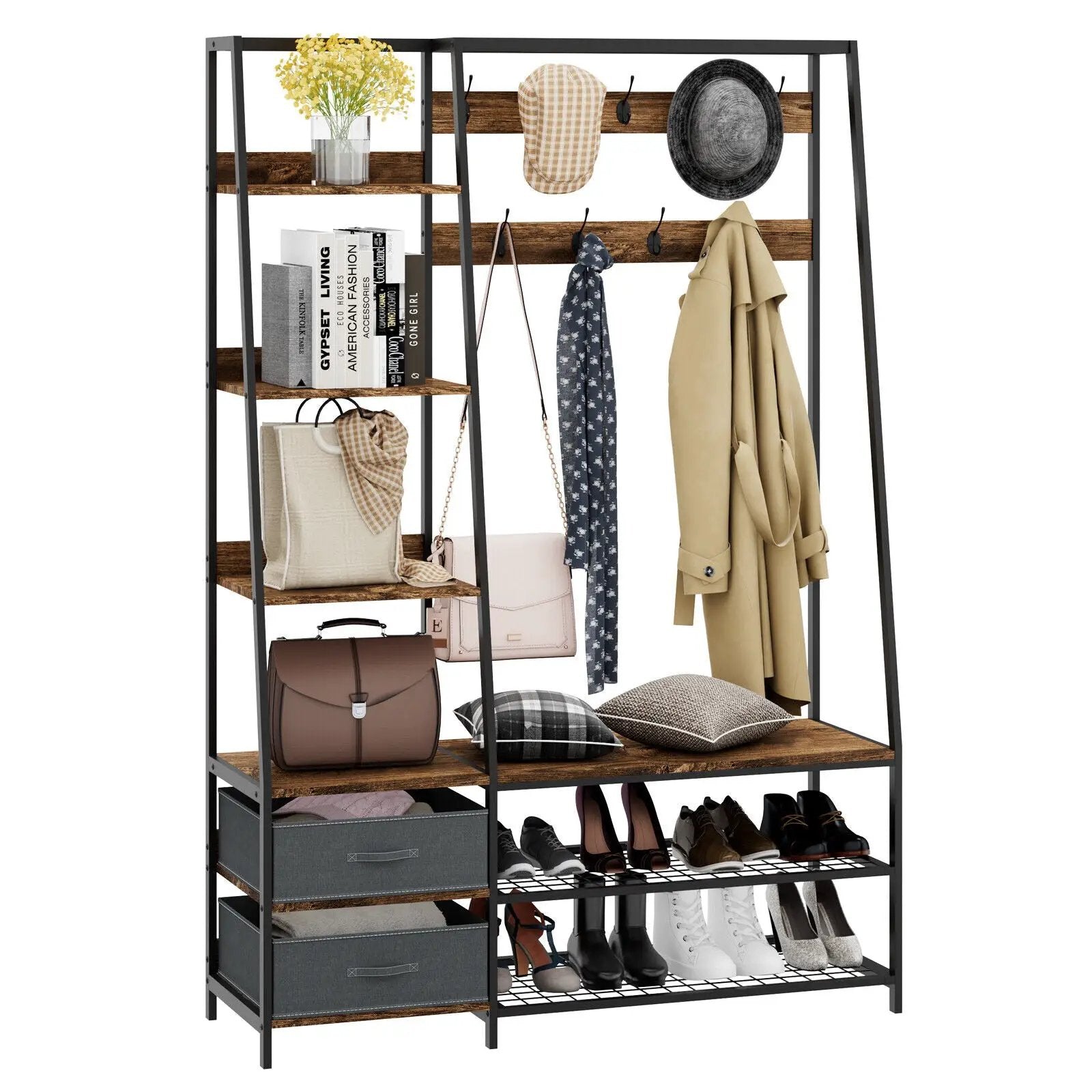 6-in-1 Freestanding Hall Tree Coat Rack with Bench and Fabric Dressers-Rustic Brown by DirectDeals