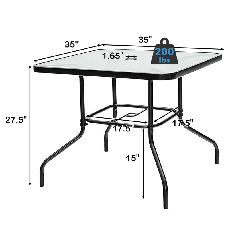 35 Inch Patio Dining Square Tempered Glass Table with Umbrella Hole by DirectDeals