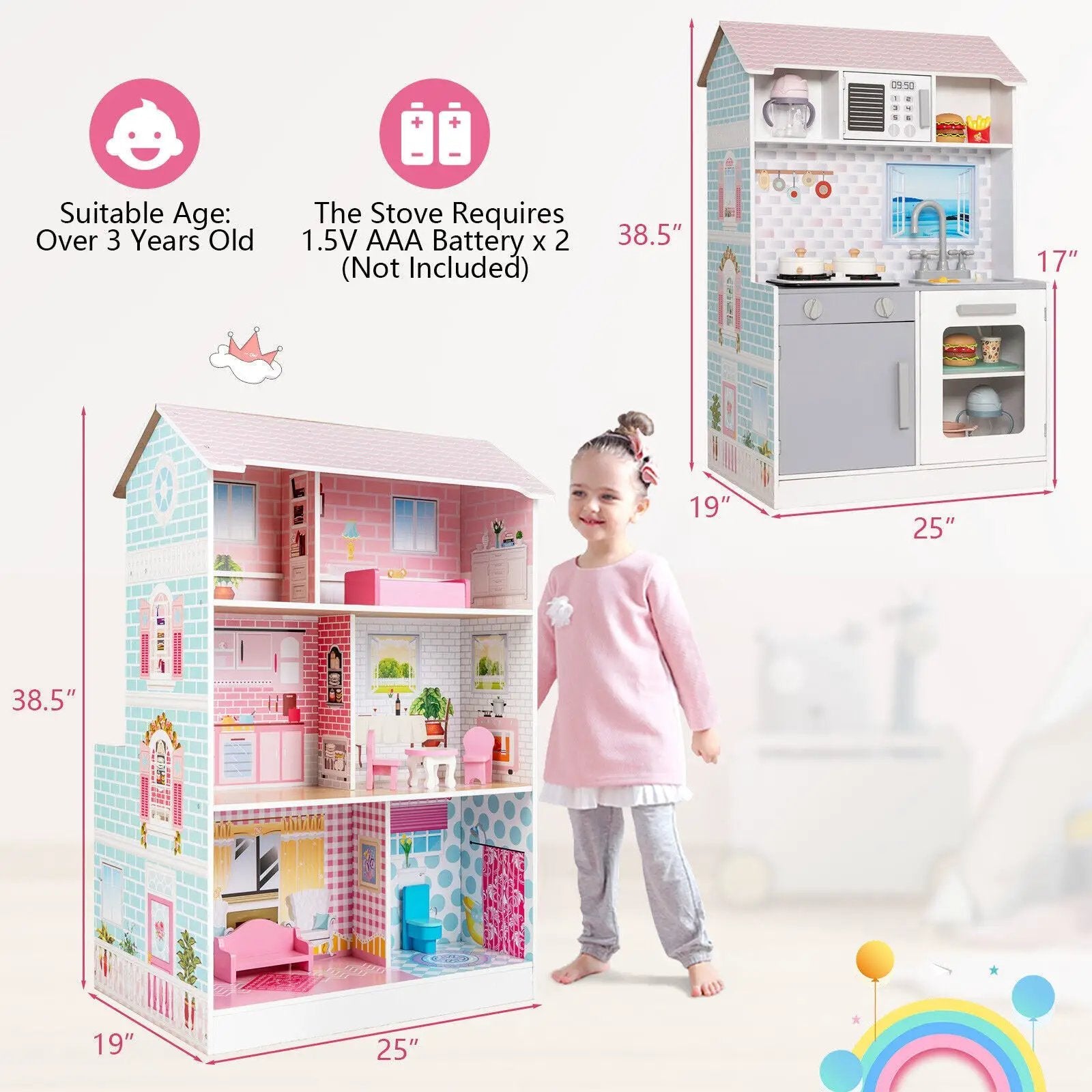 2-In-1 Double Sided Kids Kitchen Playset and Dollhouse with Furniture by DirectDeals