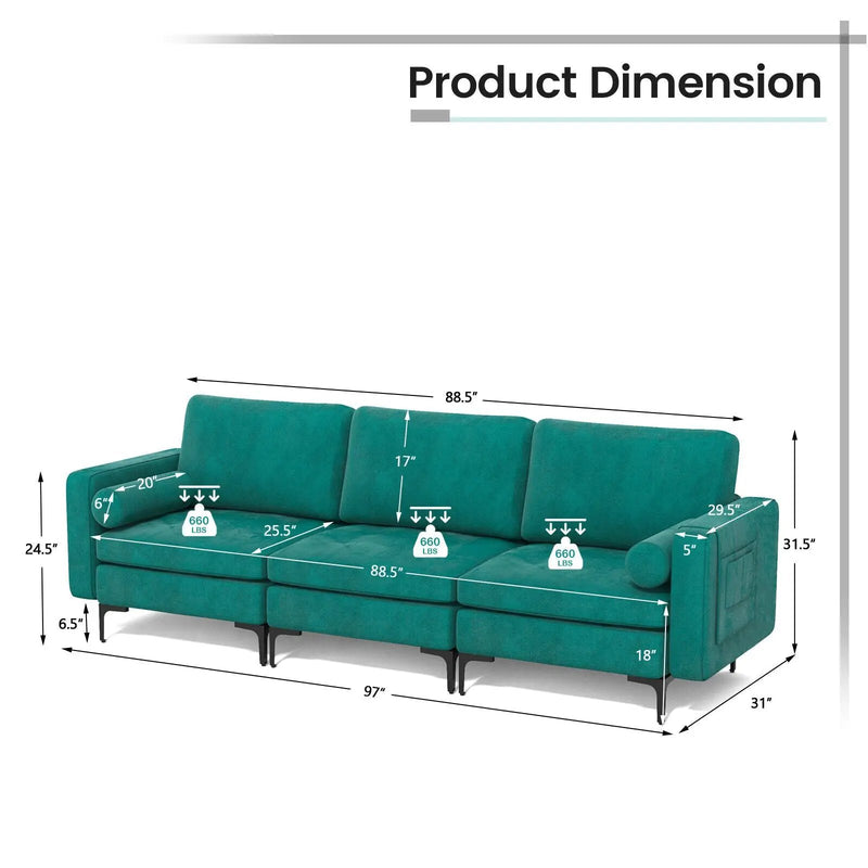 3-Seat Modular Sofa with Storage Pocket and Metal Legs by DirectDeals