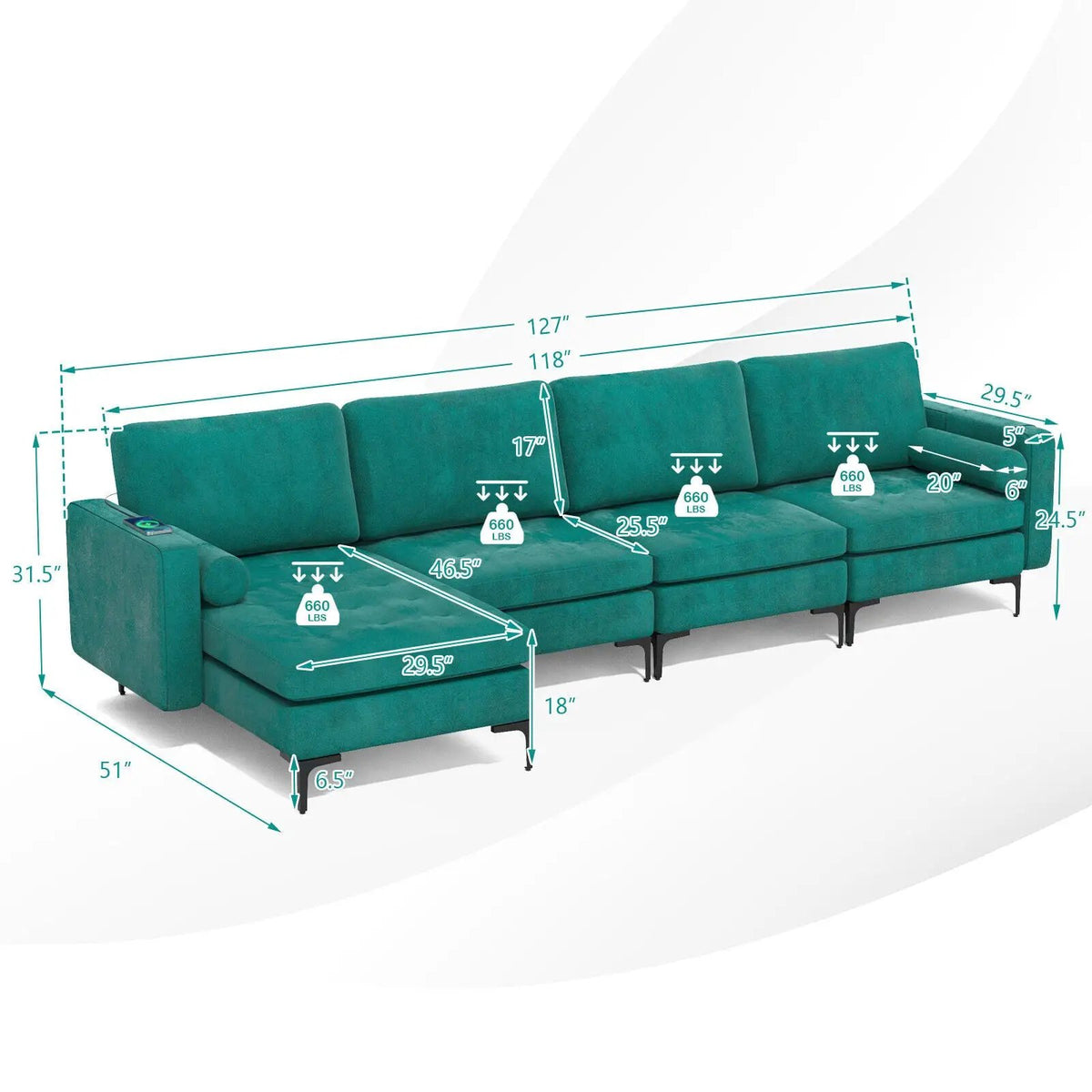 Modular L-shaped 4-Seat Sectional Sofa with Reversible Chaise and 2 USB Socket, photo 36 of 40