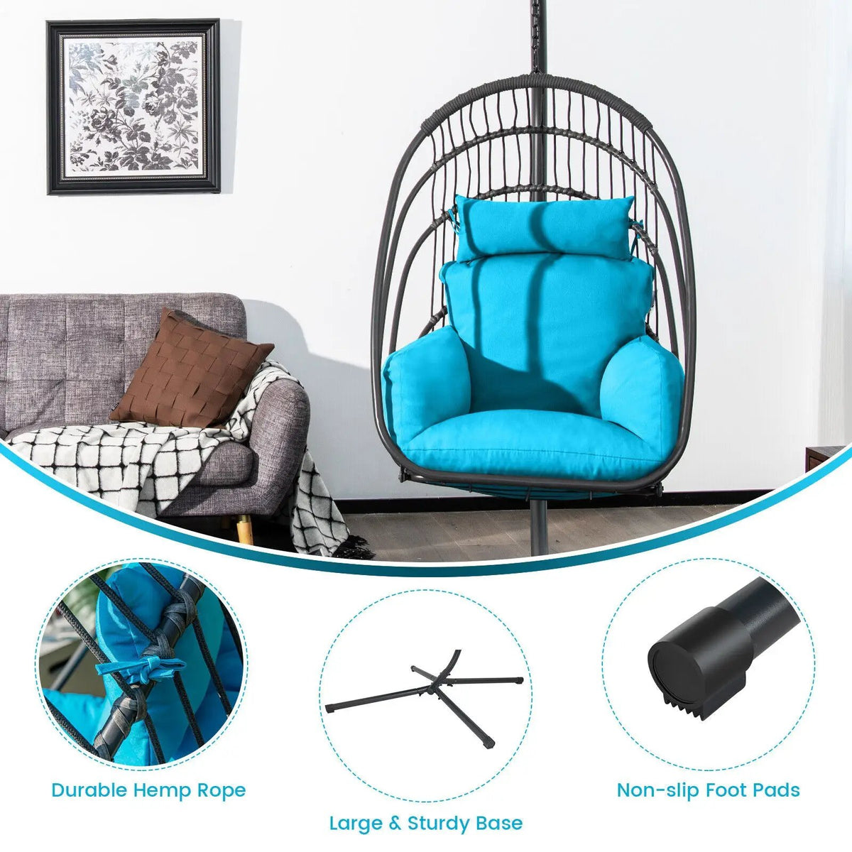 Hanging Folding Egg Chair with Stand Soft Cushion Pillow Swing Hammock, photo 5 of 24