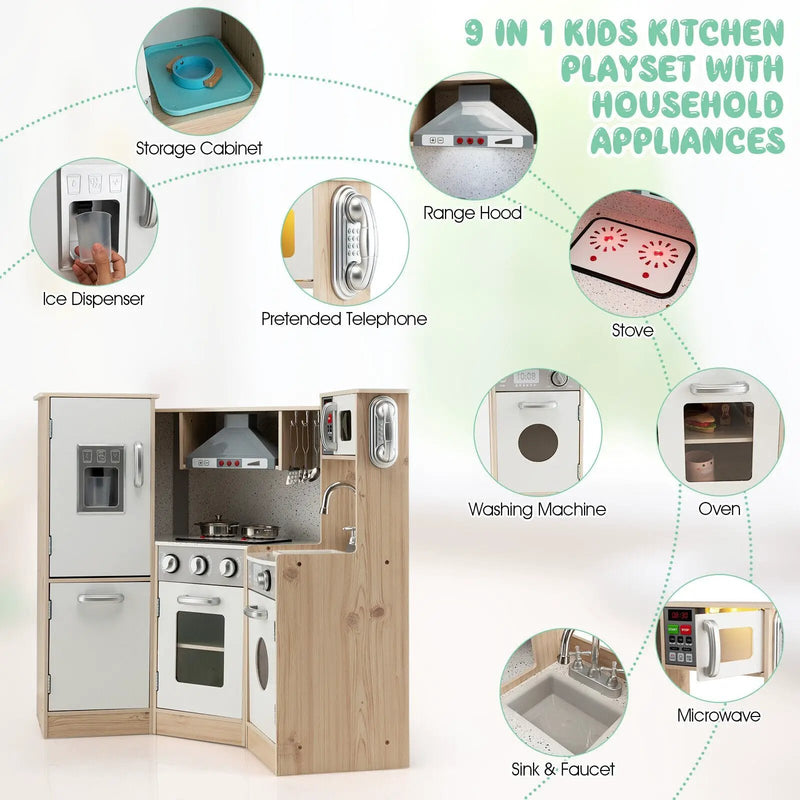 Kids Corner Wooden Kitchen Playset with Cookware Accessories by DirectDeals