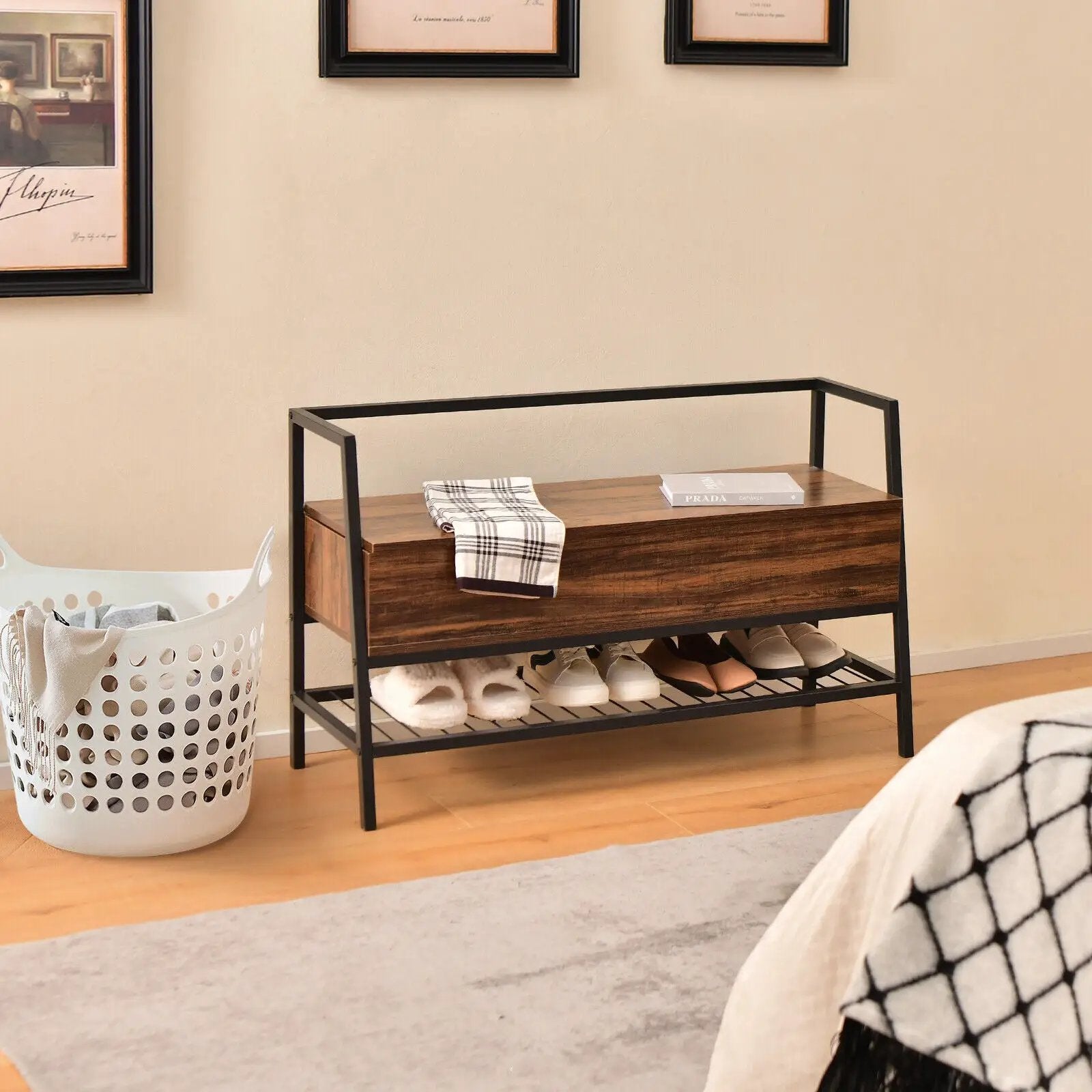 Industrial Shoe Bench with Storage Space and Metal Handrail-Rustic Brown by DirectDeals