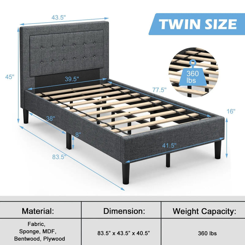Twin Size Upholstered Bed Frame with Button Tufted Headboard by DirectDeals