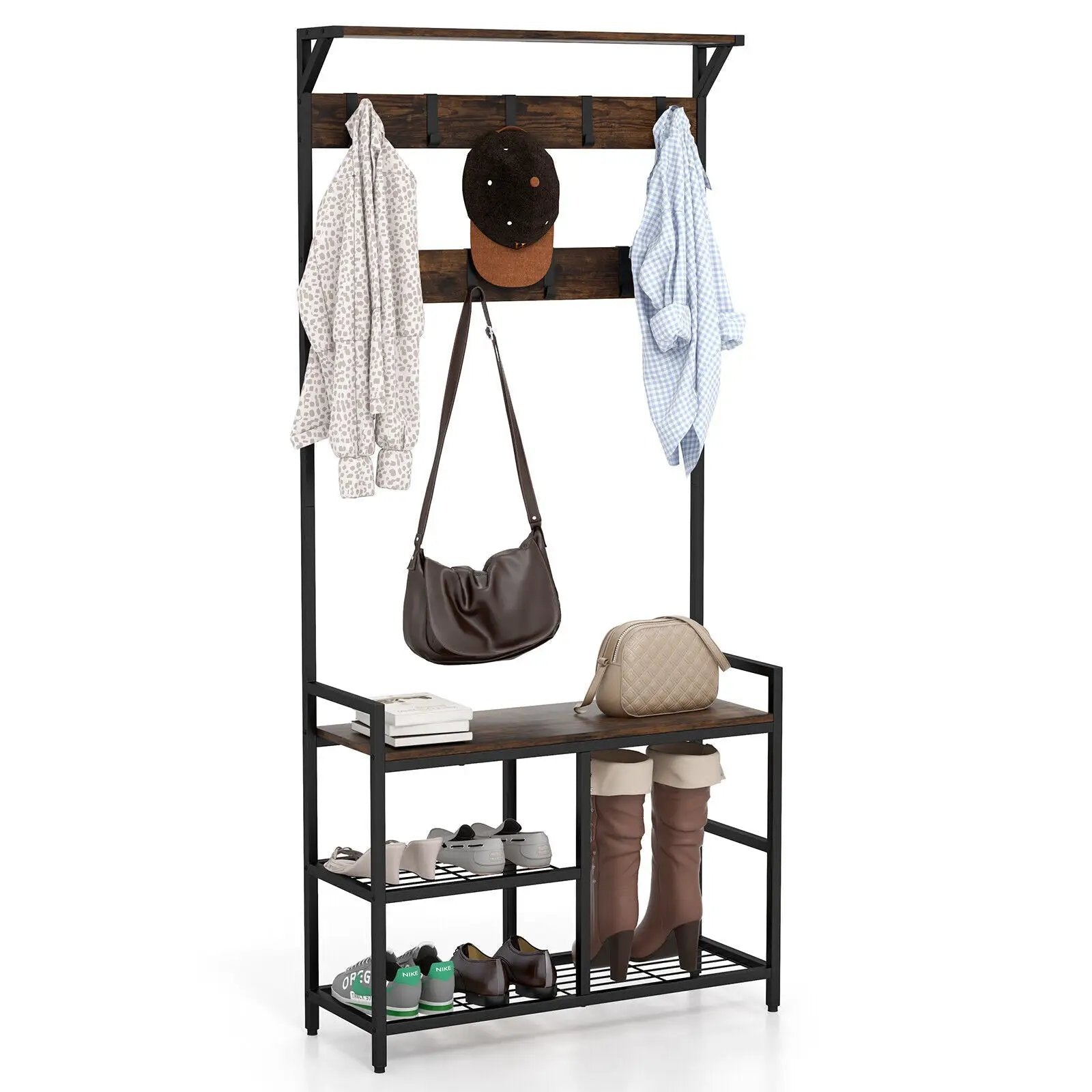 71 Inch Freestanding Hall Tree with Shoe Bench and 9 Removable Hooks-Rustic Brown by DirectDeals