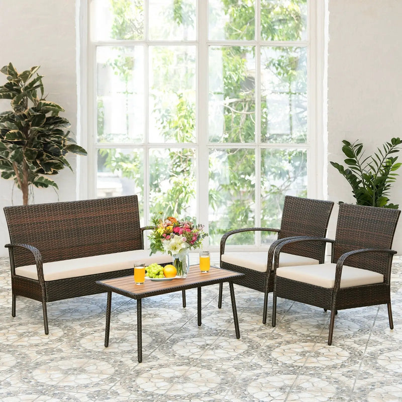 4 Pieces Patio Cushioned Wicker Conversation Set with Acacia Wood Tabletop by DirectDeals