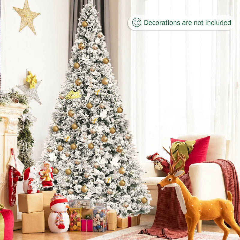8 Feet Snow Flocked Hinged Christmas Tree with Berries and Poinsettia Flowers by DirectDeals