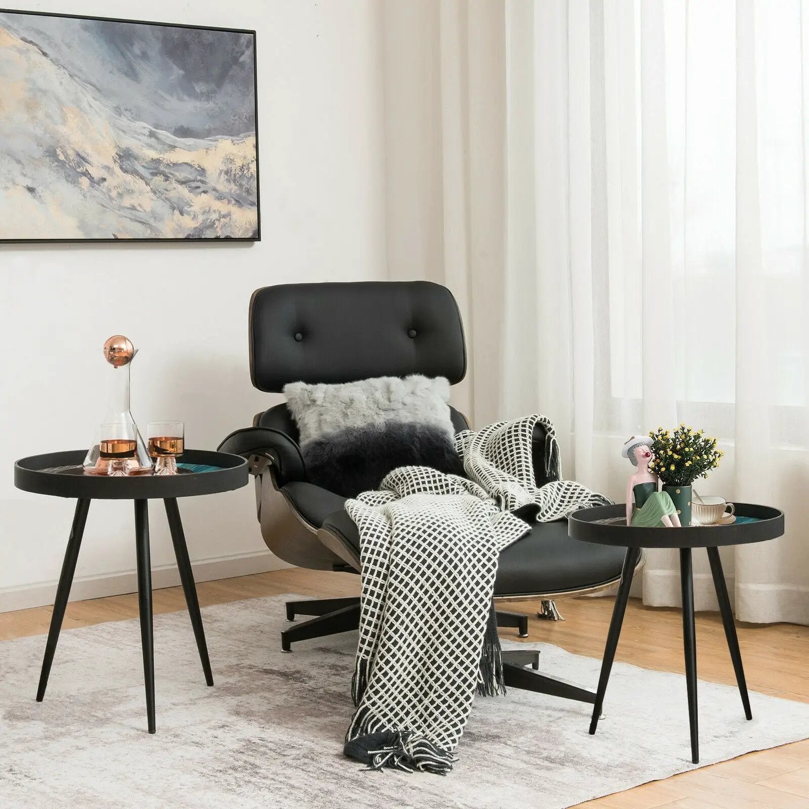 Set of 2 Stylish Nesting End Tables with Wooden Tray Top and Steel Legs-Black by DirectDeals