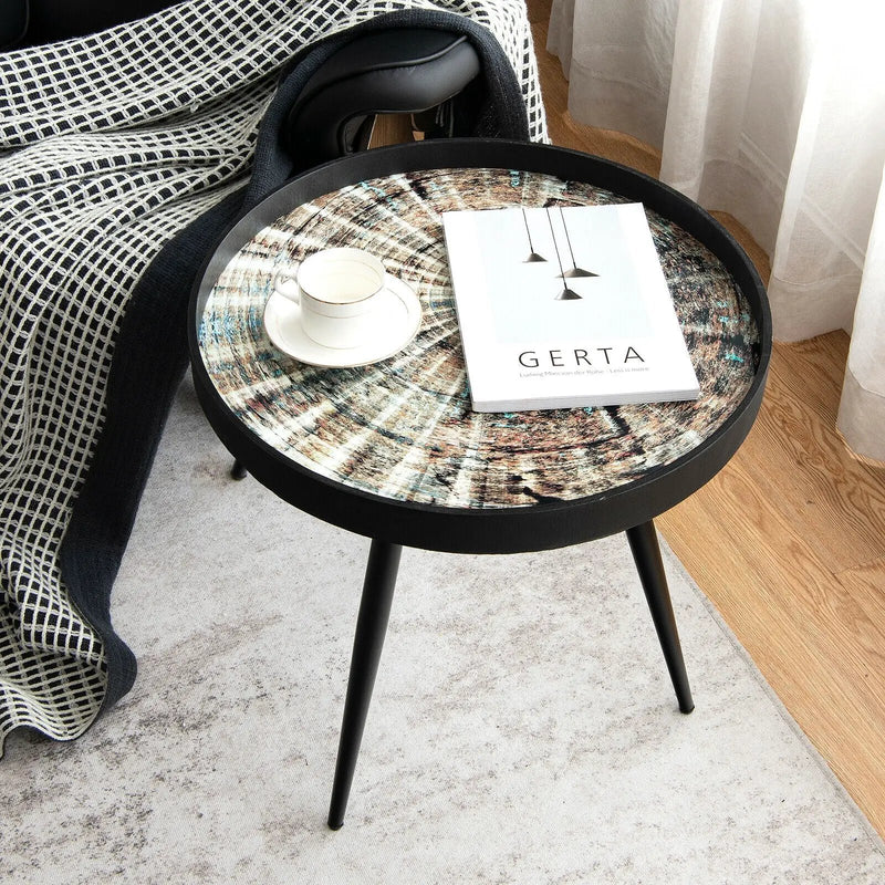 Modern Round End Table with Wooden Tray Top for Living Room Bedroom-Black by DirectDeals