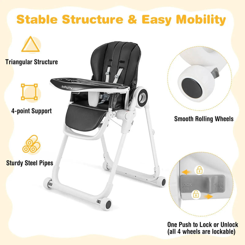Baby High Chair Foldable Feeding Chair with 4 Lockable Wheels by DirectDeals